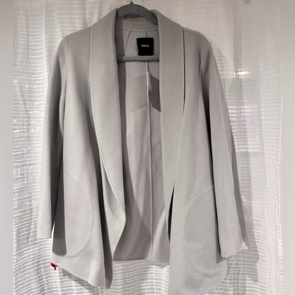 🆕 Theory Shawl Sileena Open Front Wool Cashmere Jacket Stone Size S